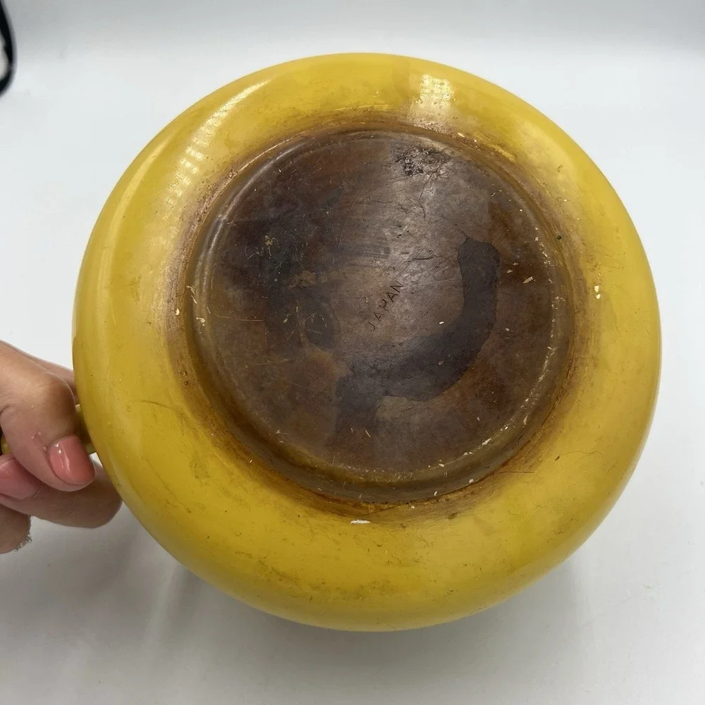 MCM Sauce Pan Pot Mustard Yellow Enamel Lid Wood Handle Japan Vtg‎
